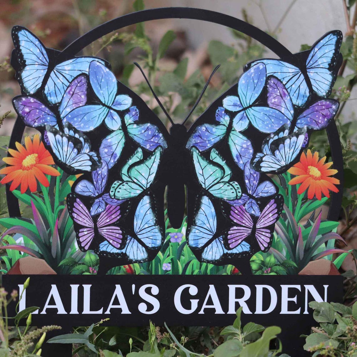 Personalized Butterfly Garden Metal Sign With Stakes, Custom Garden Flower Sign, Housewarming Gift, Garden Name Sign
