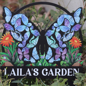 Personalized Butterfly Garden Metal Sign With Stakes, Custom Garden Flower Sign, Housewarming Gift, Garden Name Sign