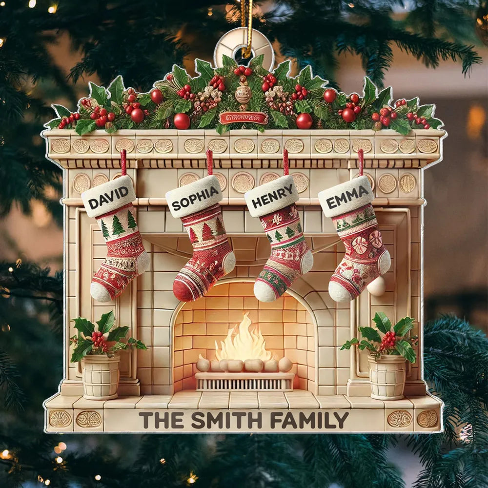 Christmas Retro Fireplace 3D Efect Family Christmas Stockings On Mantel Ornament, Christmas Gift For Family, Keepsake Ornament
