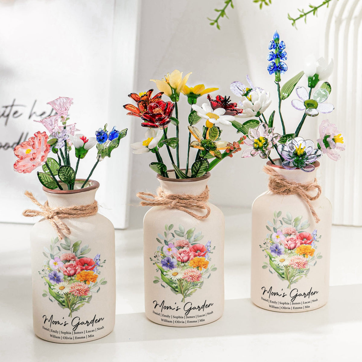 Family Birth Flower Bouquet Flowers - Personalized Ceramic Vase - Gift For Mom, Grandma, Family