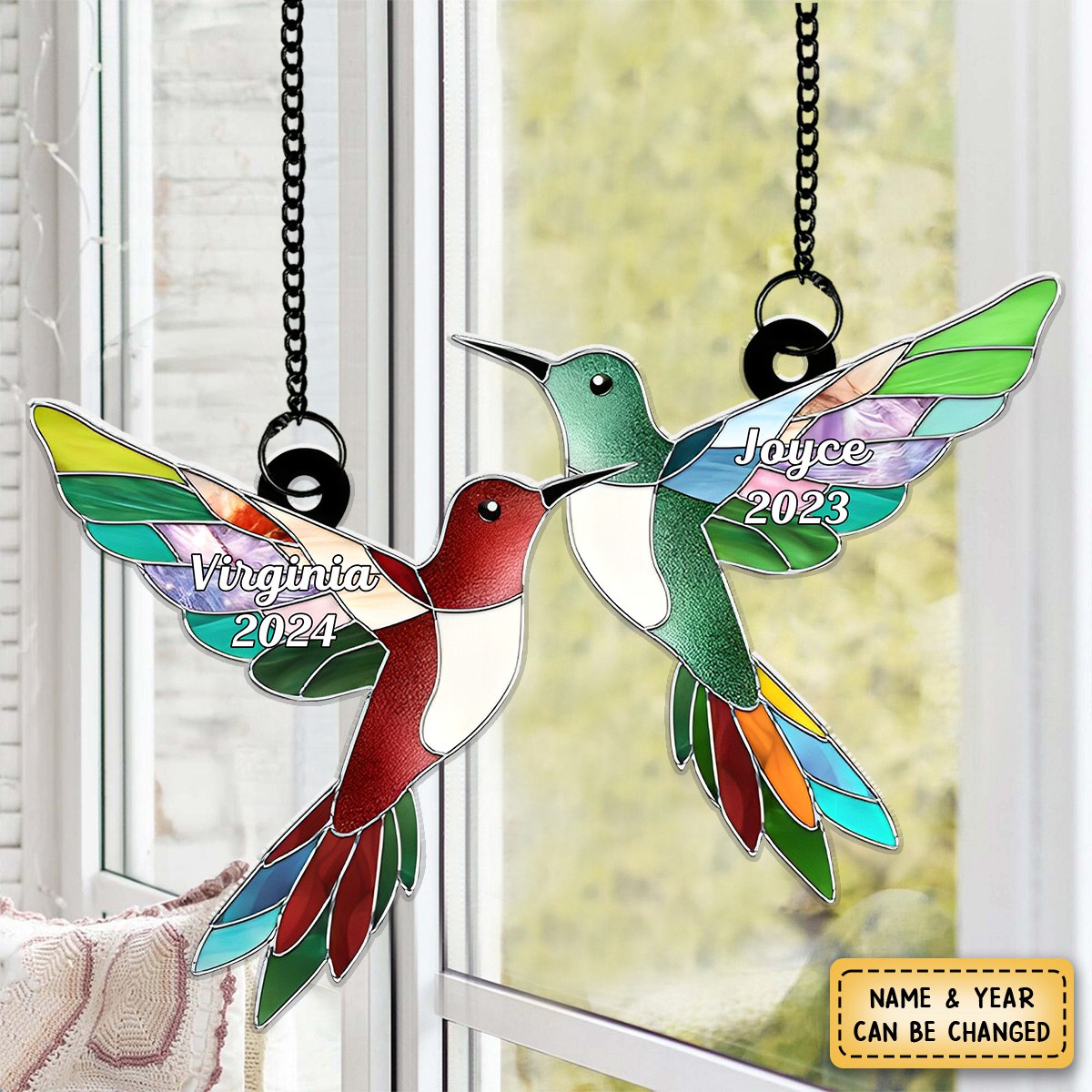 Memorial Hummngbirds - Personalized Suncatcher Stained Glass - Memorial Gift For Family