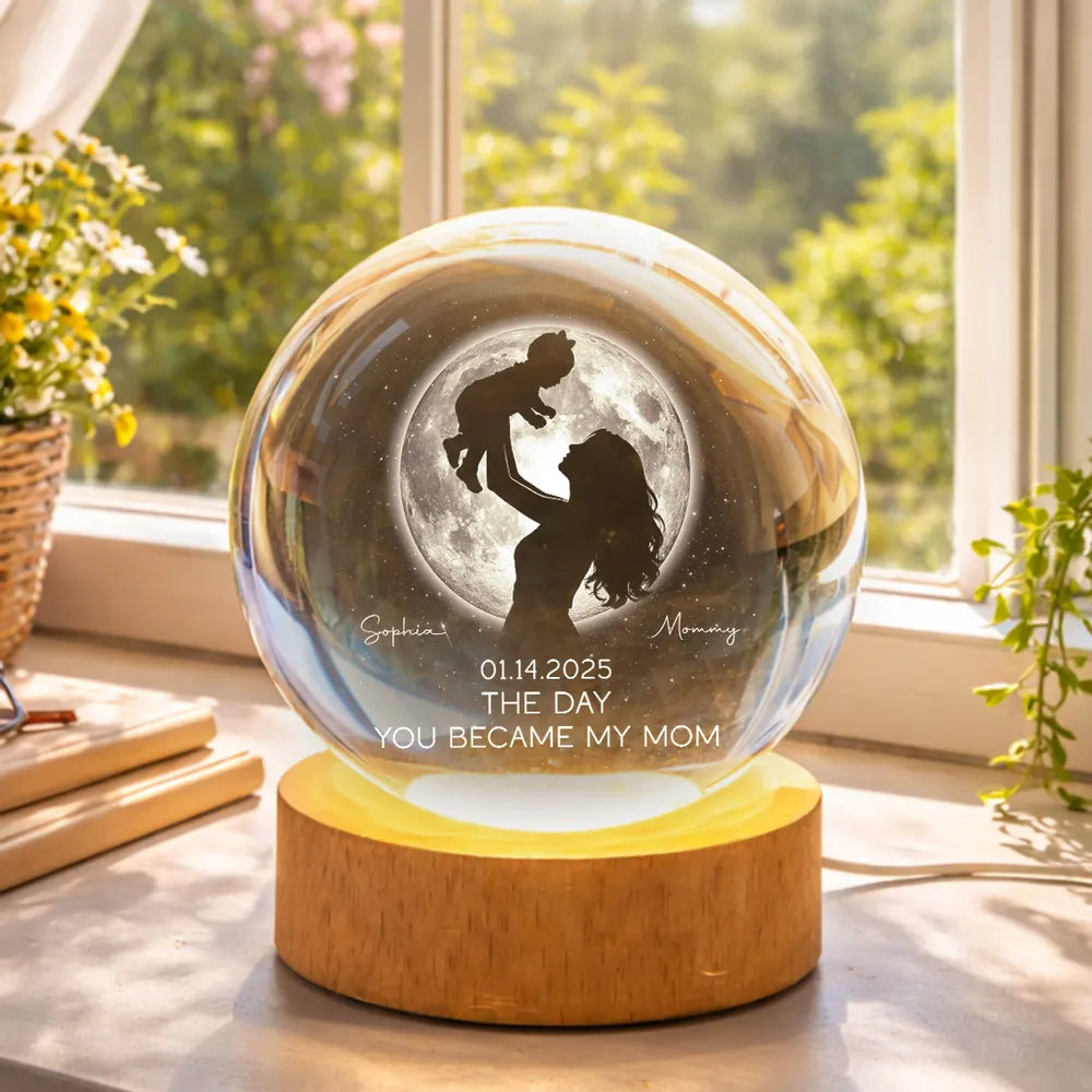 Mom Hugging Kid Under The Moon - Personalized Crystal Ball LED Night Light - Mother's Day Gift