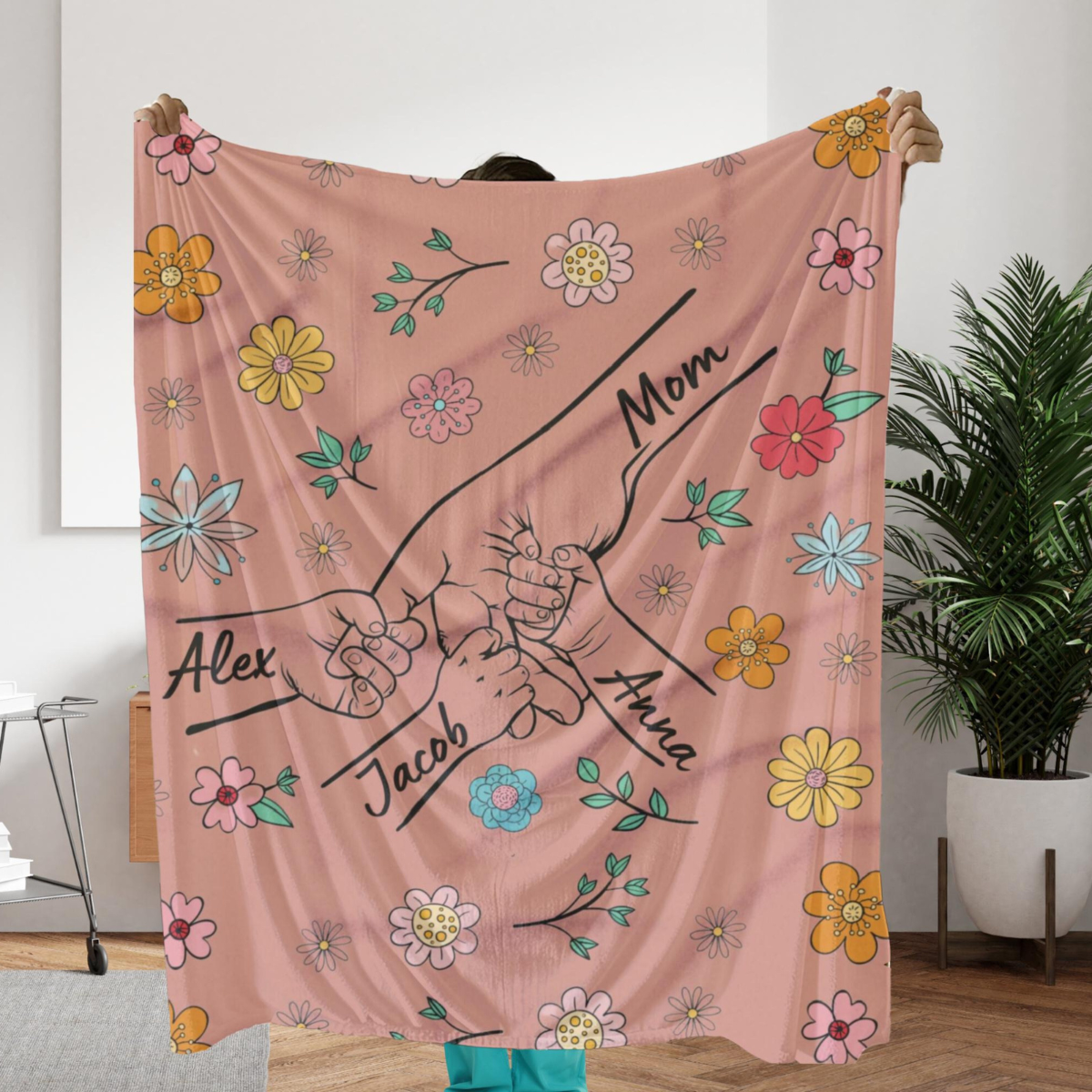 Personalized Mom Blanket, Mom Holding Kid's Hands, Mother's gift, Blanket with kids names, Family Blanket