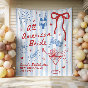 All American Bride Bachelorette Banner, 4th of July Cocktail Party Decor, BBQ Bachelorette Backdrop, Bach Photo Booth, Weenies Bridal Shower
