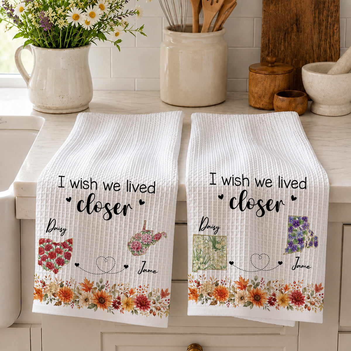 I Wish We Lived Closer - Personalized Name Waffle Weave Kitchen Towel, Housewarming Gift