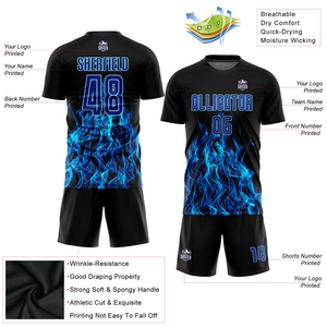 Custom Black Royal-Light Blue Flame Sublimation Soccer Uniform Jersey