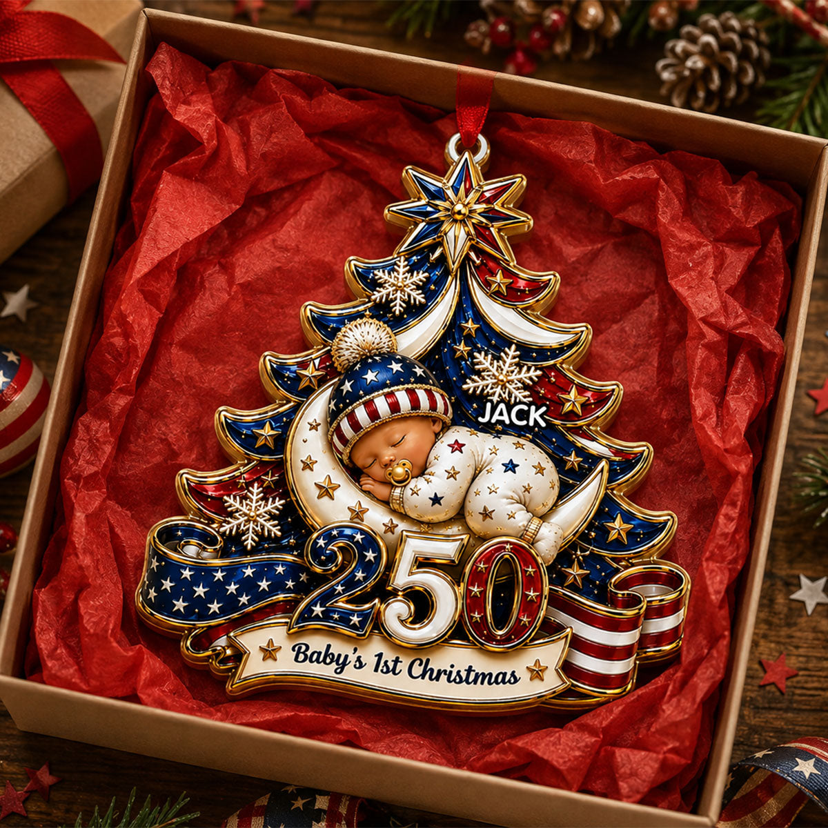 American 250th Anniversary Baby First Christmas Our Newest Little Patriot - Real 3D Raised Ornament