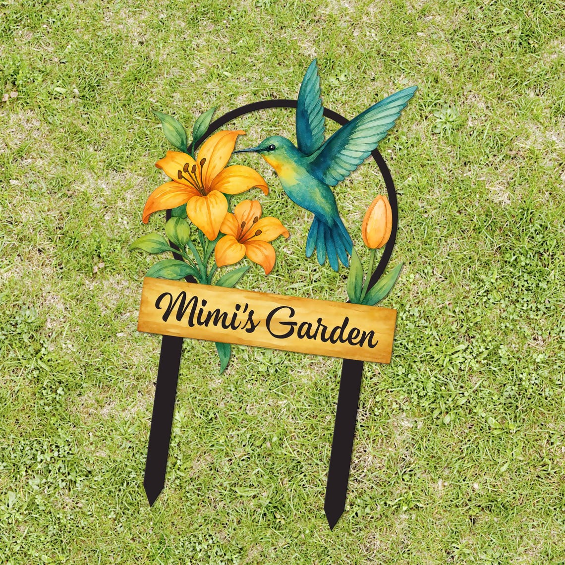 Custom Hummingbird Metal Garden Sign, Bird with Stakes Garden Decor, Mother's Day Gardening Gift, Nana's Blessings, Gardener Name Sign
