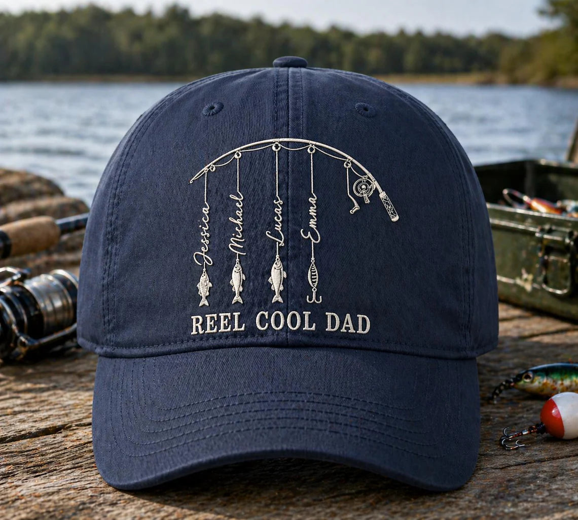Personalized Reel Cool Dad Cap, Fathers Day Gift, Dad Fishing Hat, Fishing Gift for Grandpa, Fisherman Papa & Kid Name Embroidered Cap