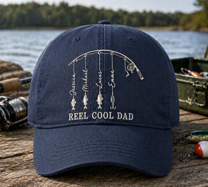 Personalized Reel Cool Dad Cap, Fathers Day Gift, Dad Fishing Hat, Fishing Gift for Grandpa, Fisherman Papa & Kid Name Embroidered Cap