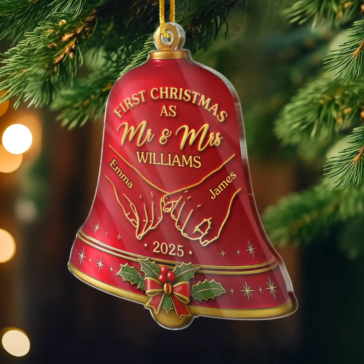 First Christmas As Mr & Mrs Red Christmas Bell - Personalized Acrylic Ornament - Gift For Couple, Christmas Newlywed Gift
