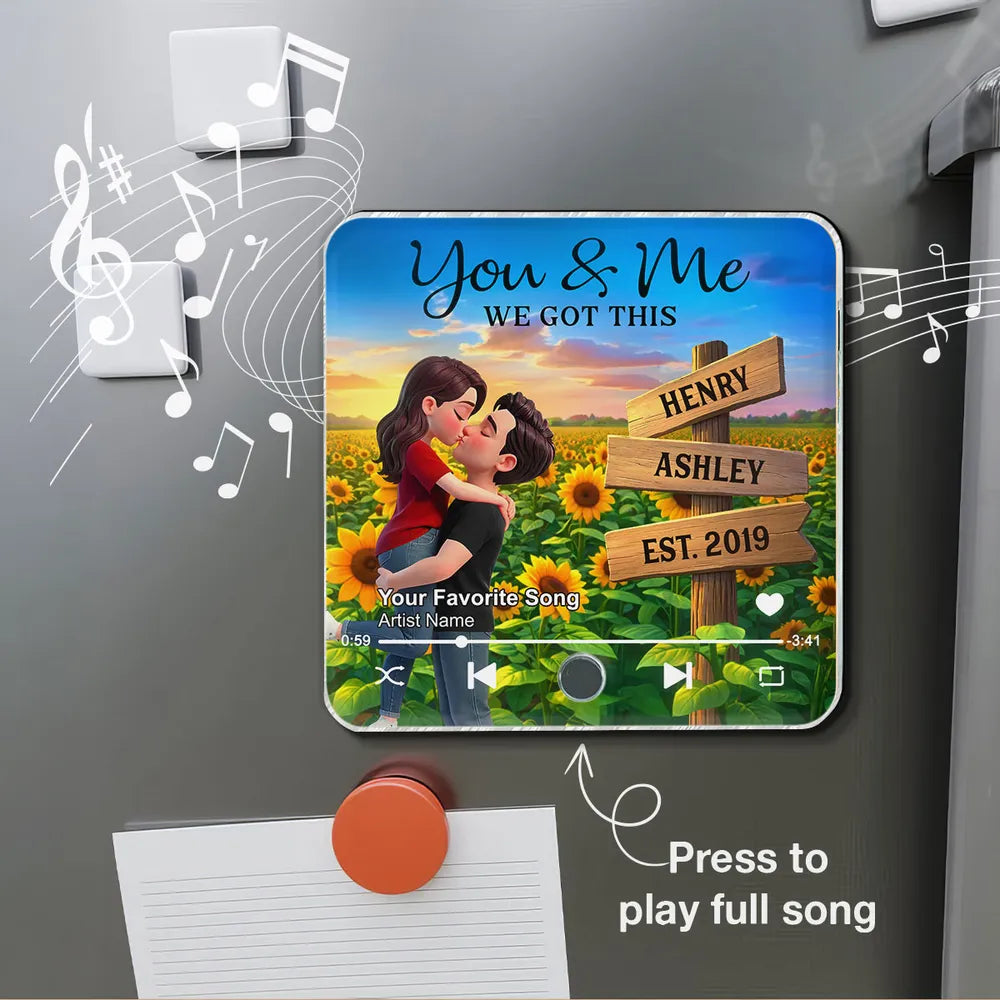 Sunflower Kissing Couple - Personalized Music Fridge Magnet - Anniversary Gift, Valentine's Day Gift For Couple