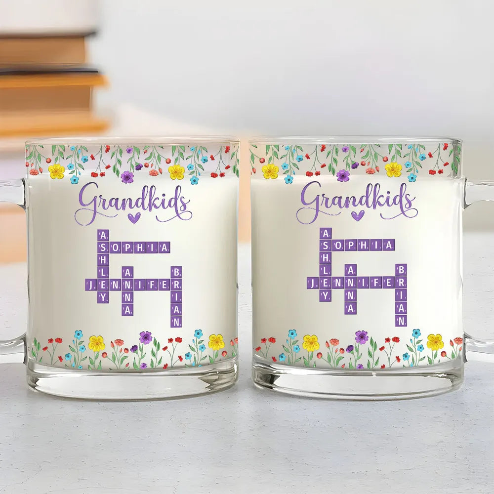 Grandkids Purple Crossword Wildflower Pattern - Personalized Glass Mug - Gift For Grandma Mom, Mother's Day, Birthday Gift