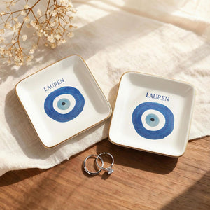 Custom Evil Eye Ring Dish, Personalized Jewelry Tray with Name, Gold Rim Trinket Dish, Protection Charm Gift, Custom Name Good Luck Charm