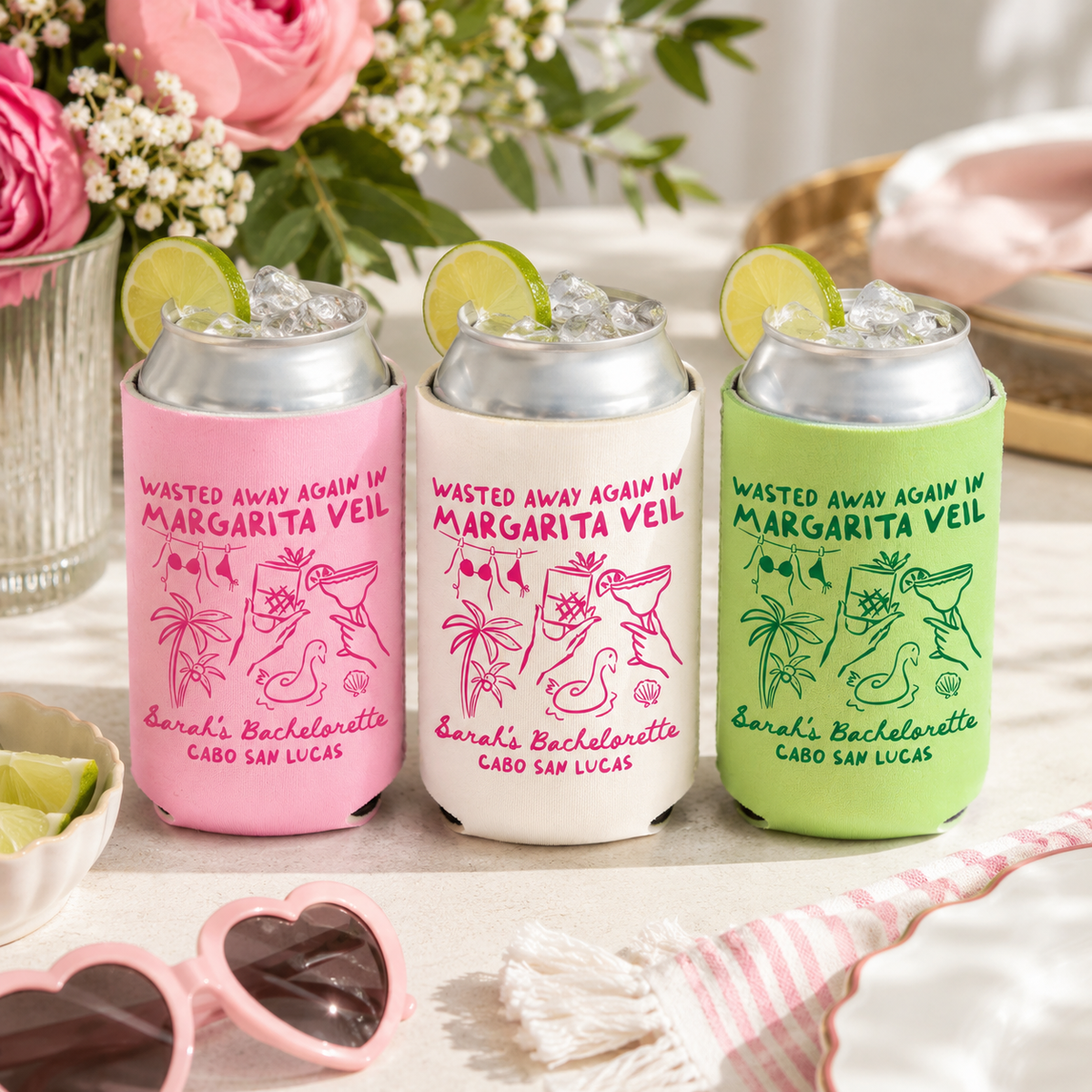 Margarita Veil Bachelorette Can Cooler - Custom Beach Bachelorette Party Favors - Personalized Cozies in Regular and Slim Size