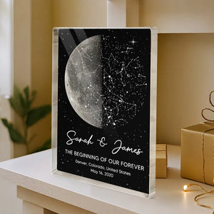 The Beginning Of Our Forever Moon Phase With Star Map - Personalized Acrylic Block - Anniversary Gift, Valentine's Day Gift For Couple