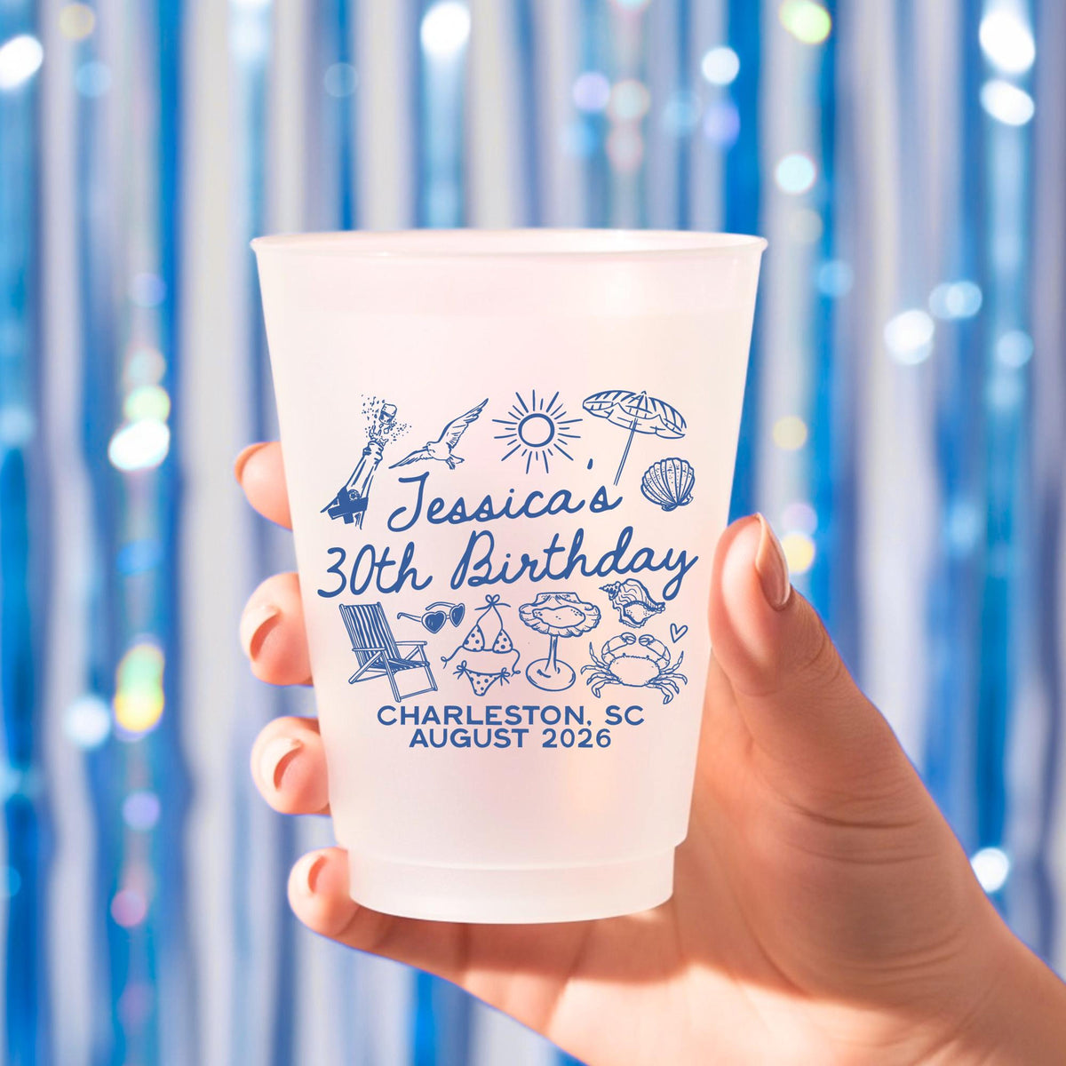 Beach Birthday Cups Coastal Birthday Party Decor, Custom Frosted Cup for Birthday Party, Personalized Frosted Cup