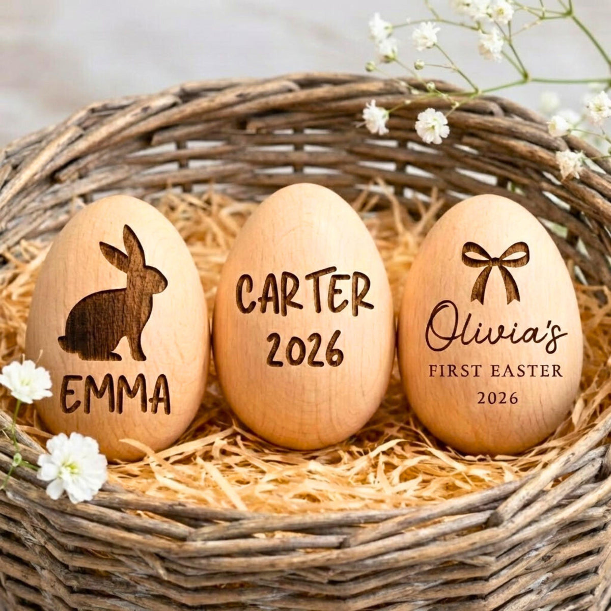 Personalized Wooden Easter Egg Shaker Baby First Easter Basket Filler Engraved Name Keepsake Gift for Toddler Kids