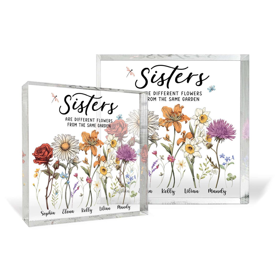 Personalized Sisters Are Different Flowers From The Same Garden, Custom Birth Flower Acrylic Block, Best friend Gifts, Friendship Keepsake