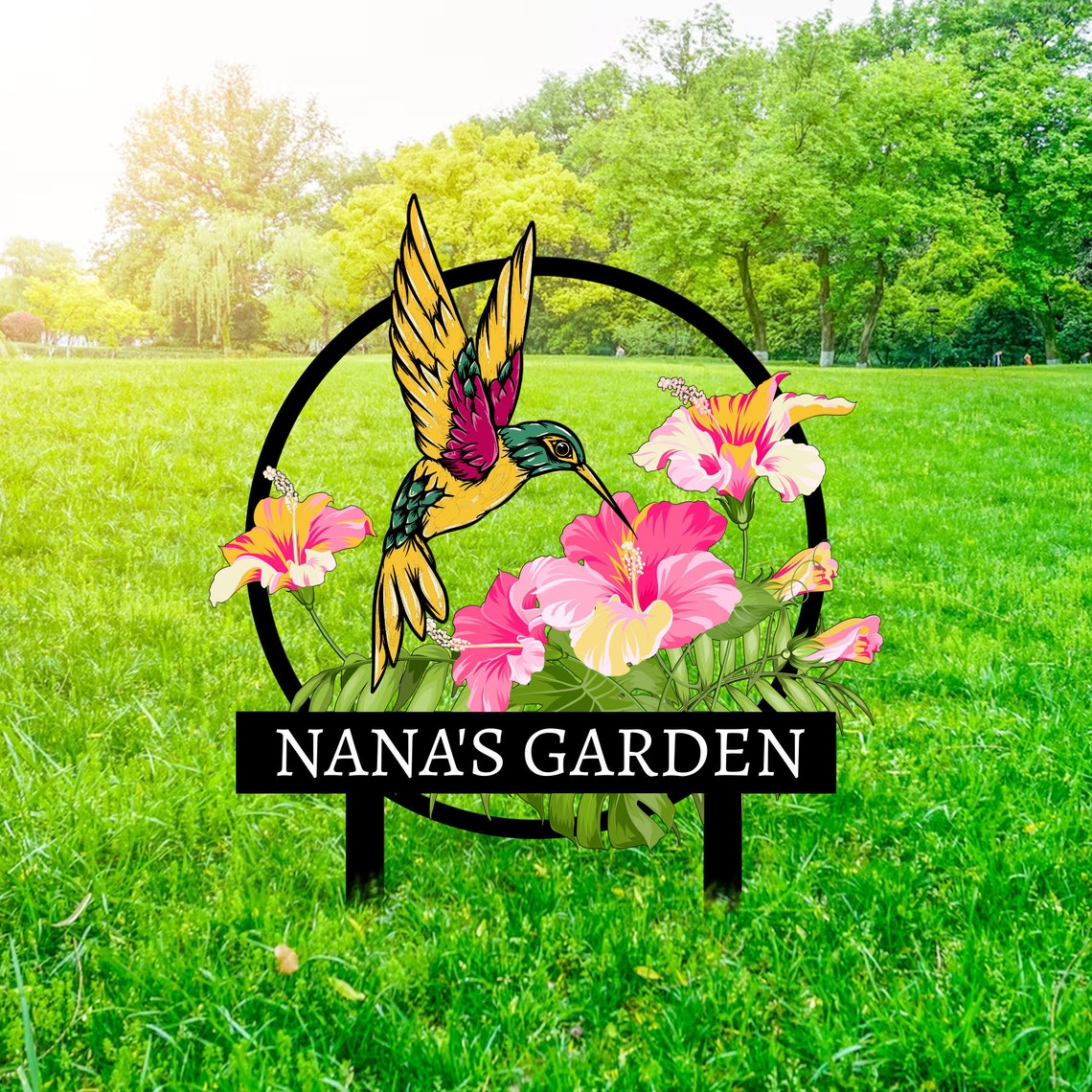 Custom Hummingbird Metal Garden Stake, Bird with Stakes Garden Sign, Personalized Garden Name Sign, Mother's Day Gift, Outdoor Decor