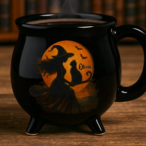 Mystic Witch With Cat - Personalized Halloween Black Ceramic Witch Mug - Halloween Gift For Family, Sisters, Friends, Siblings