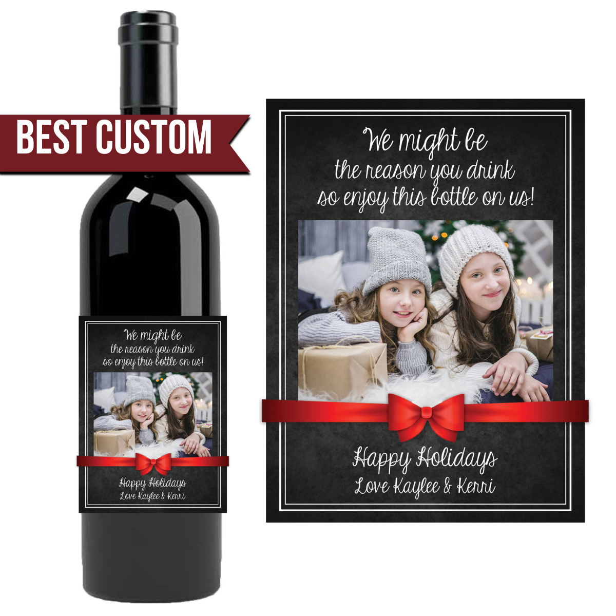 Christmas gift for parents, custom wine label holiday present from kids, we might be the reason you drink, personalized wine with photo