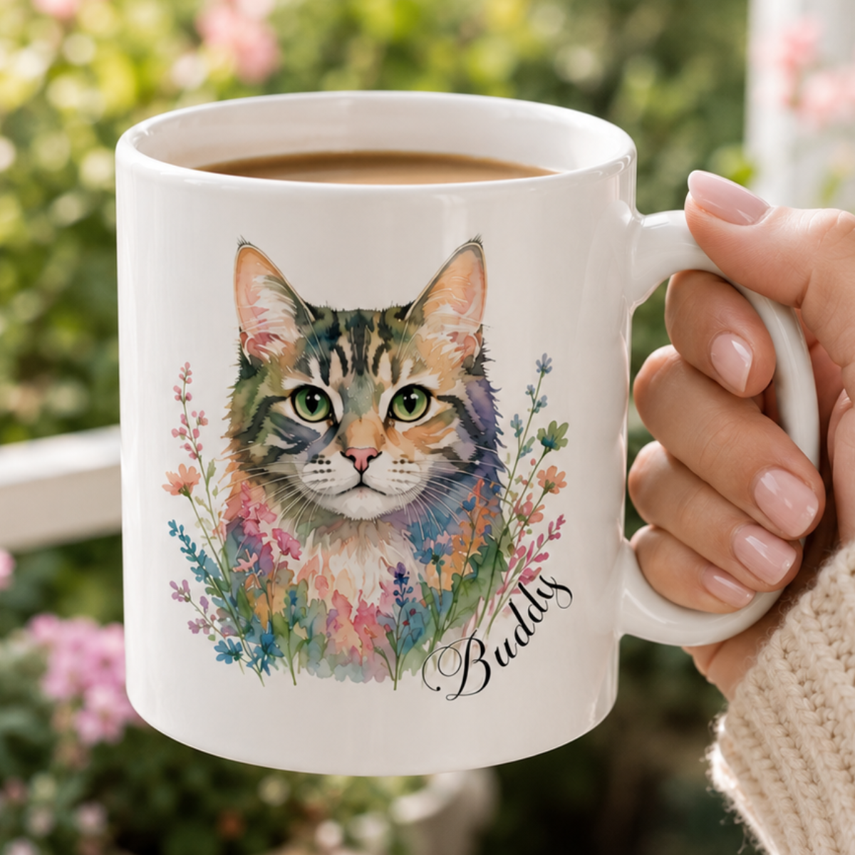 Custom Pet Portrait Mug, Personalized Cat Watercolor Coffee Mug with Pet Name Gift for Cat Lovers