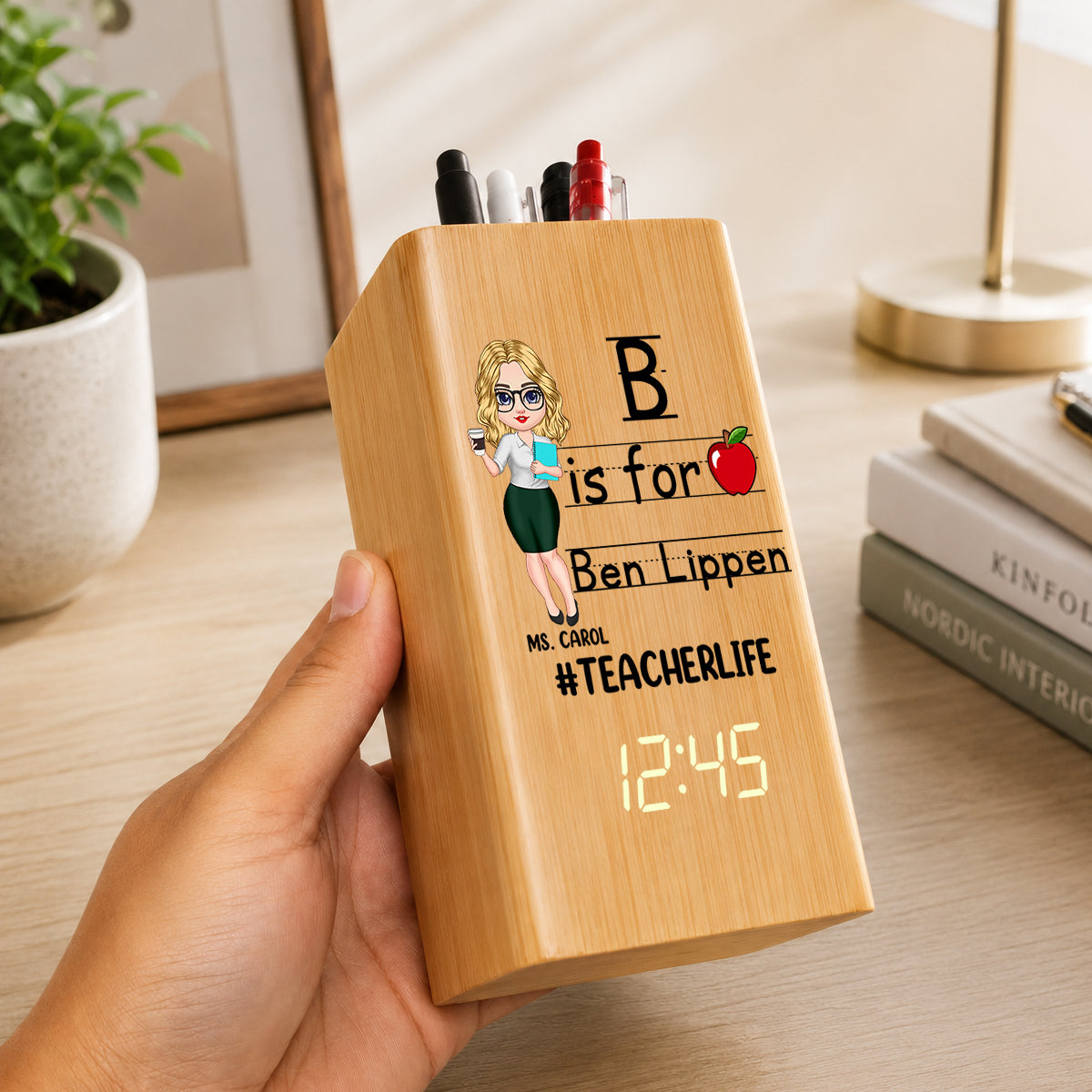 Custom Teacher Life Pen Holder With Clock, Personalized Classroom Desk Organizer, Back To School Teacher Gift Calendar Electronic Pen Holder