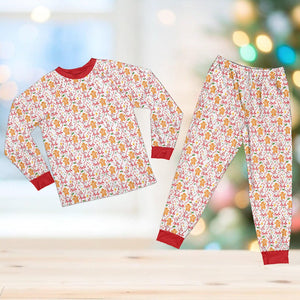 Family Christmas Pajamas Set, Preppy Coquette Christmas Gingerbread Man Long Sleeve Two Piece Pajama, Cute Xmas Holiday Loungewear Set