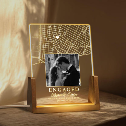 Custom Led Light with Couple Photo and Map, Personalized Map Print Night Light, Engagement Table Lamp, Newly Engaged Gift, Gift for Couple