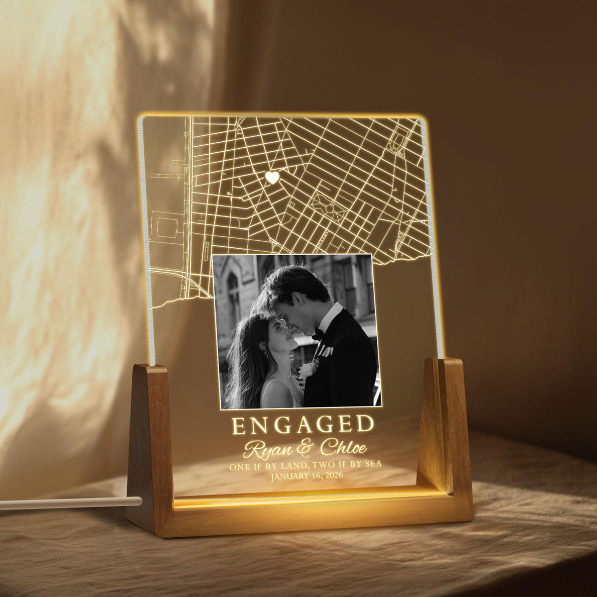 Custom Led Light with Couple Photo and Map, Personalized Map Print Night Light, Engagement Table Lamp, Newly Engaged Gift, Gift for Couple