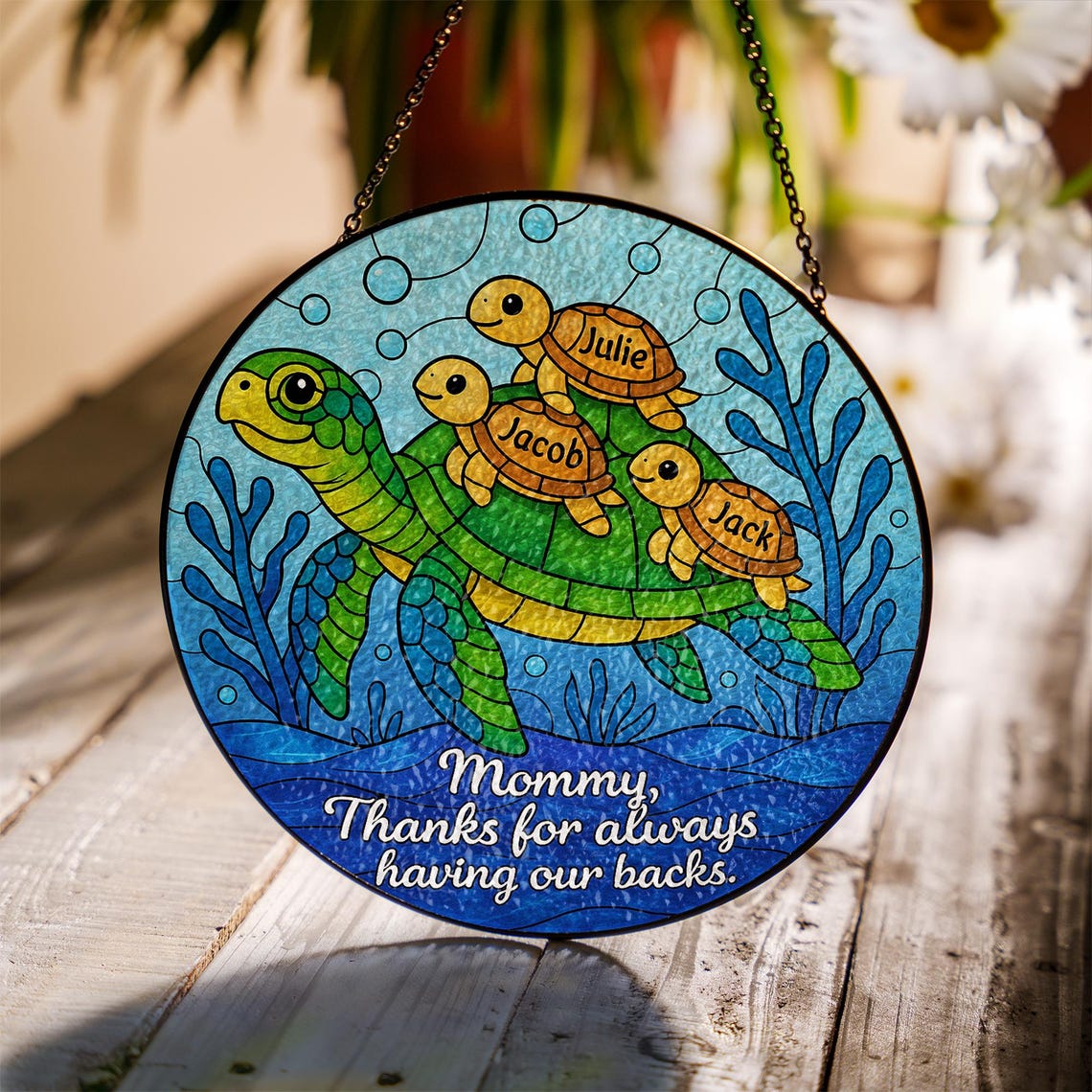 Custom Turtle Family Glass Suncatcher Gift for Mom on Mother s Day, Personalized Sea Turtle Window Decor with Kids Names