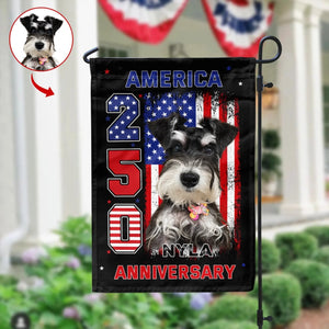 Stars, Stripes & Tail Wags - Personalized Garden Flag - America 250th Anniversary Garden Decor, Patriotic Dog With USA Flag, 4th Of July Dog Lover Gift