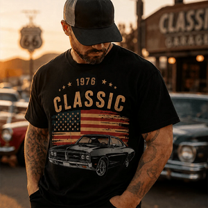 Personalized Classic Car Shirt with Custom Photo, Year & Flag – Retro Tee, Sweatshirt or Hoodie for Car Lovers