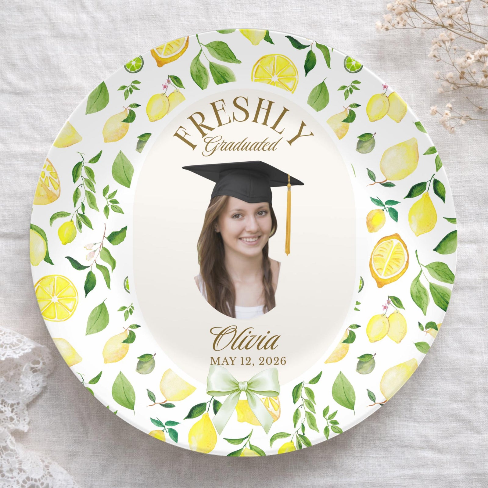 Lemon Graduation Party Decor, Freshly Graduated Plate, Citrus Grad Party Plate Pastel Lemon Table Decor, Summer Graduation Photo Prop Cus