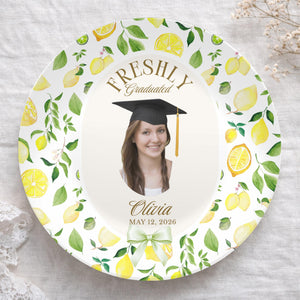 Lemon Graduation Party Decor, Freshly Graduated Plate, Citrus Grad Party Plate Pastel Lemon Table Decor, Summer Graduation Photo Prop Cus