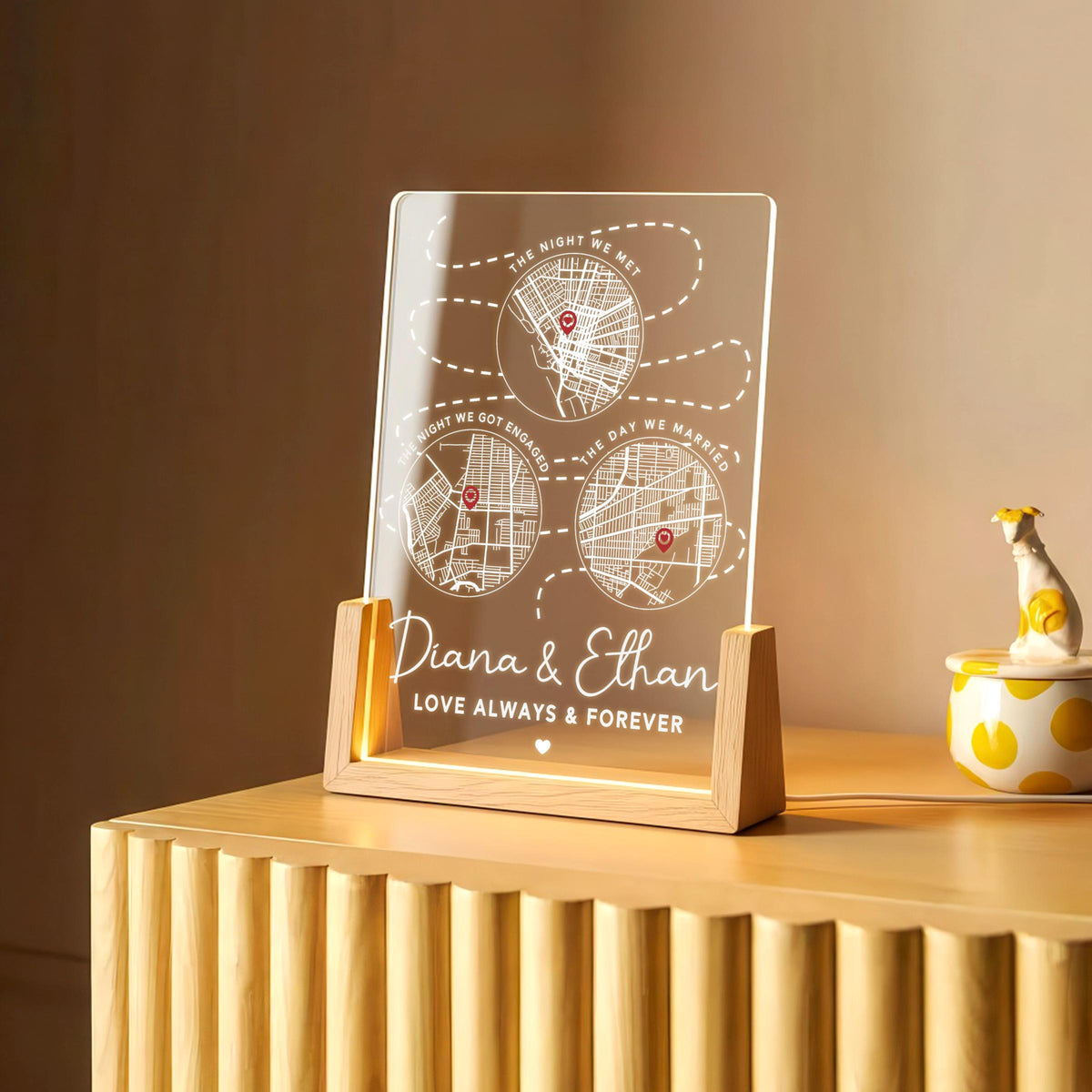 Personalized Love Story Map LED Lamp The Night We Met, Engaged & Married, Custom Valentine s Gift for Couples