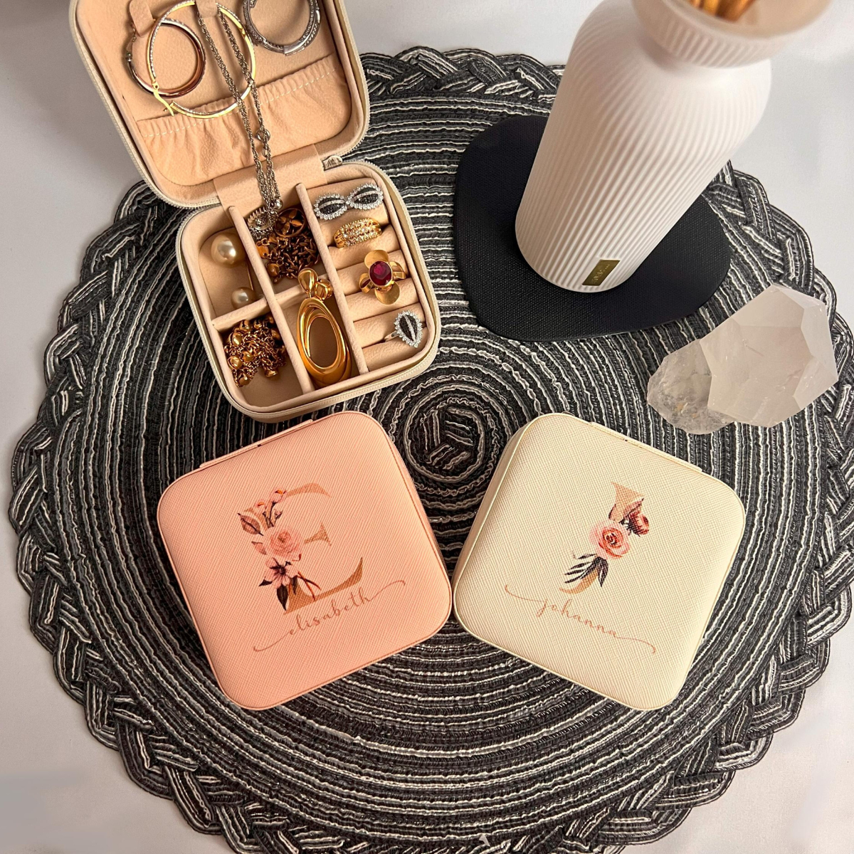 Custom Floral Initial - Personalized Square Jewelry Box - Gift For Mom, Sister, Besties