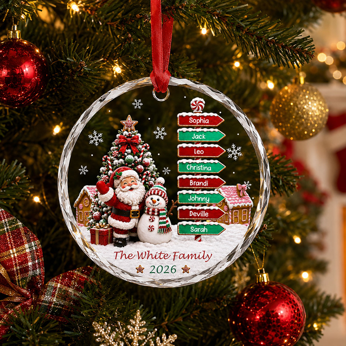 Family Names Santa & Snowman Glass Ornament - Personalized Christmas Gifts