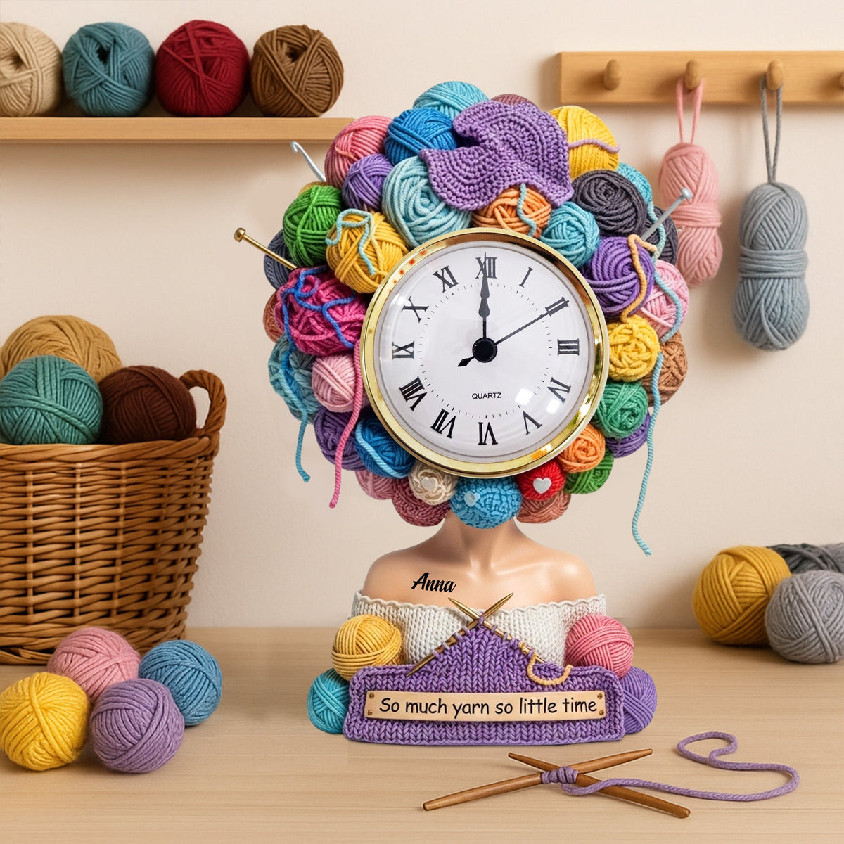 Yarn Head Girl Desk Clock - Personalized Acrylic Desk Clock - Gifts For Knitter & Crocheter