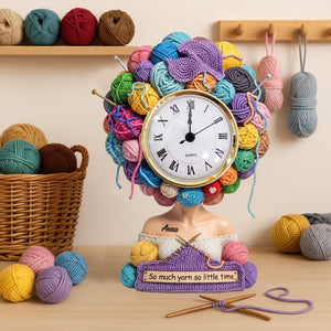 Yarn Head Girl Desk Clock - Personalized Acrylic Desk Clock - Gifts For Knitter & Crocheter