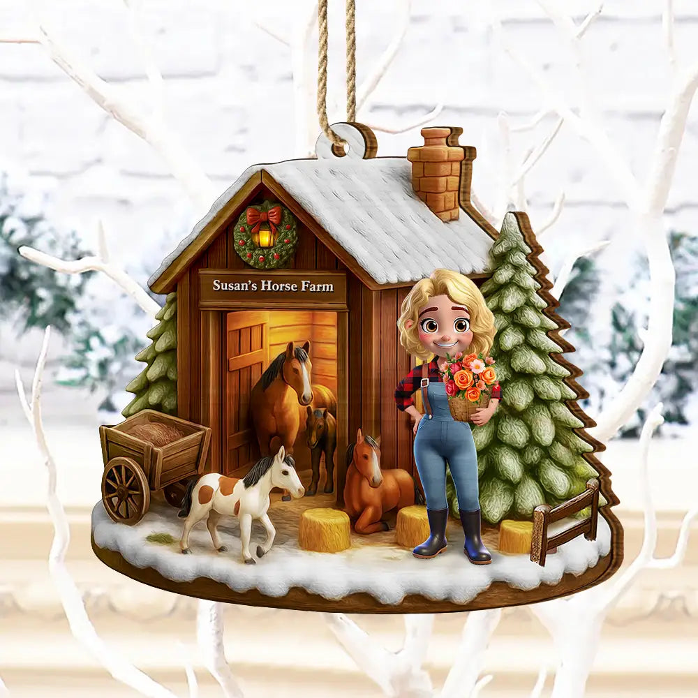 3D Effect Christmas Horse Farm - Personalized Custom Shaped Wooden Ornament