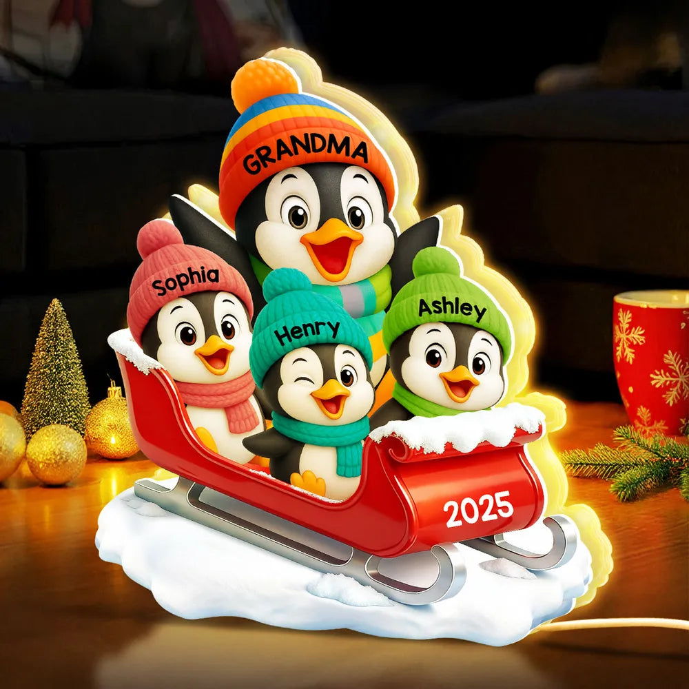 3D Effect Cute Grandma Grandkids Penguin On Sleigh - Personalized Acrylic Light Box - Christmas Gift For Grandma