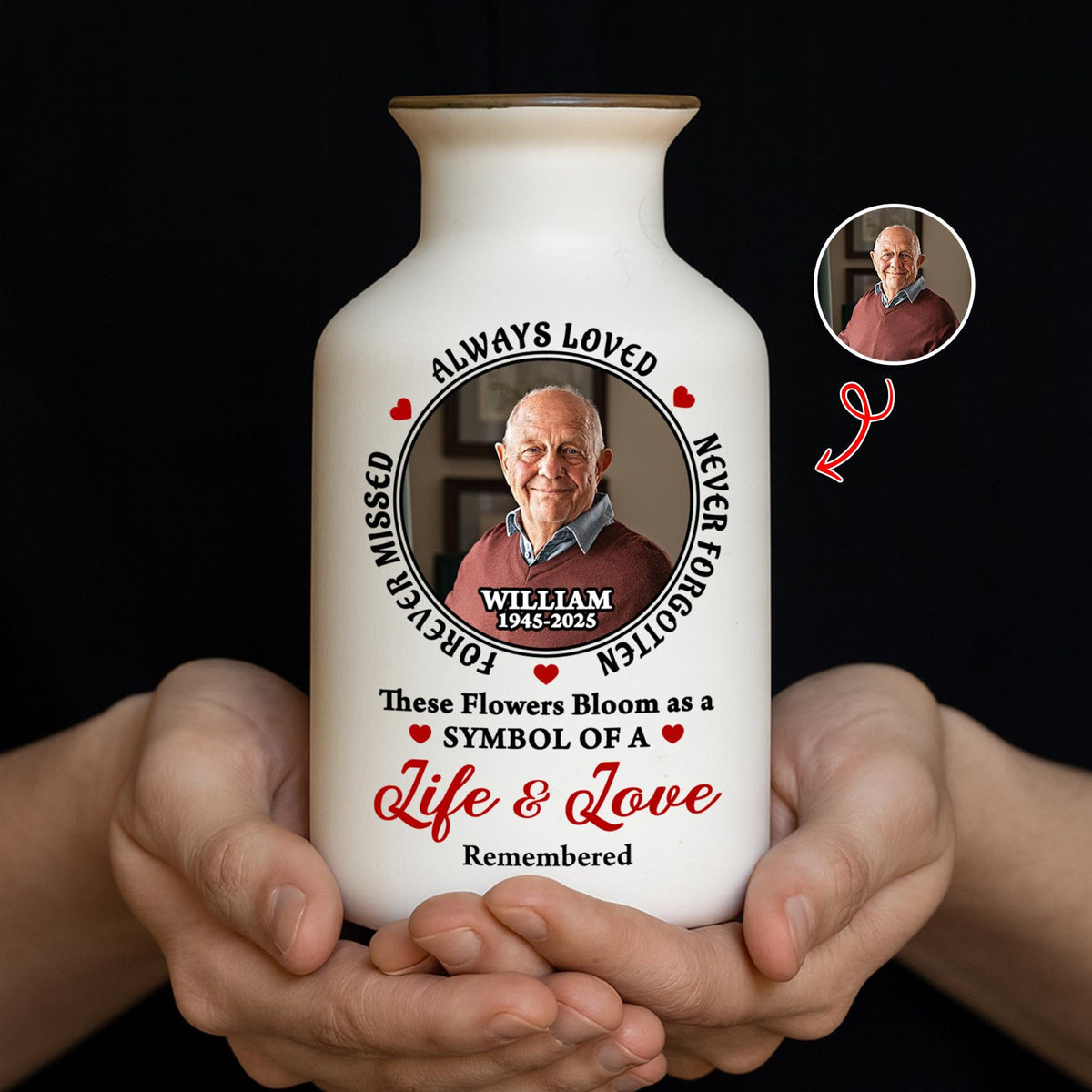 Personalized Memorial Flower Vase, Custom Photo Sympathy Gift, White Ceramic Remembrance Vase, Always Loved Never Forgotten Keepsake