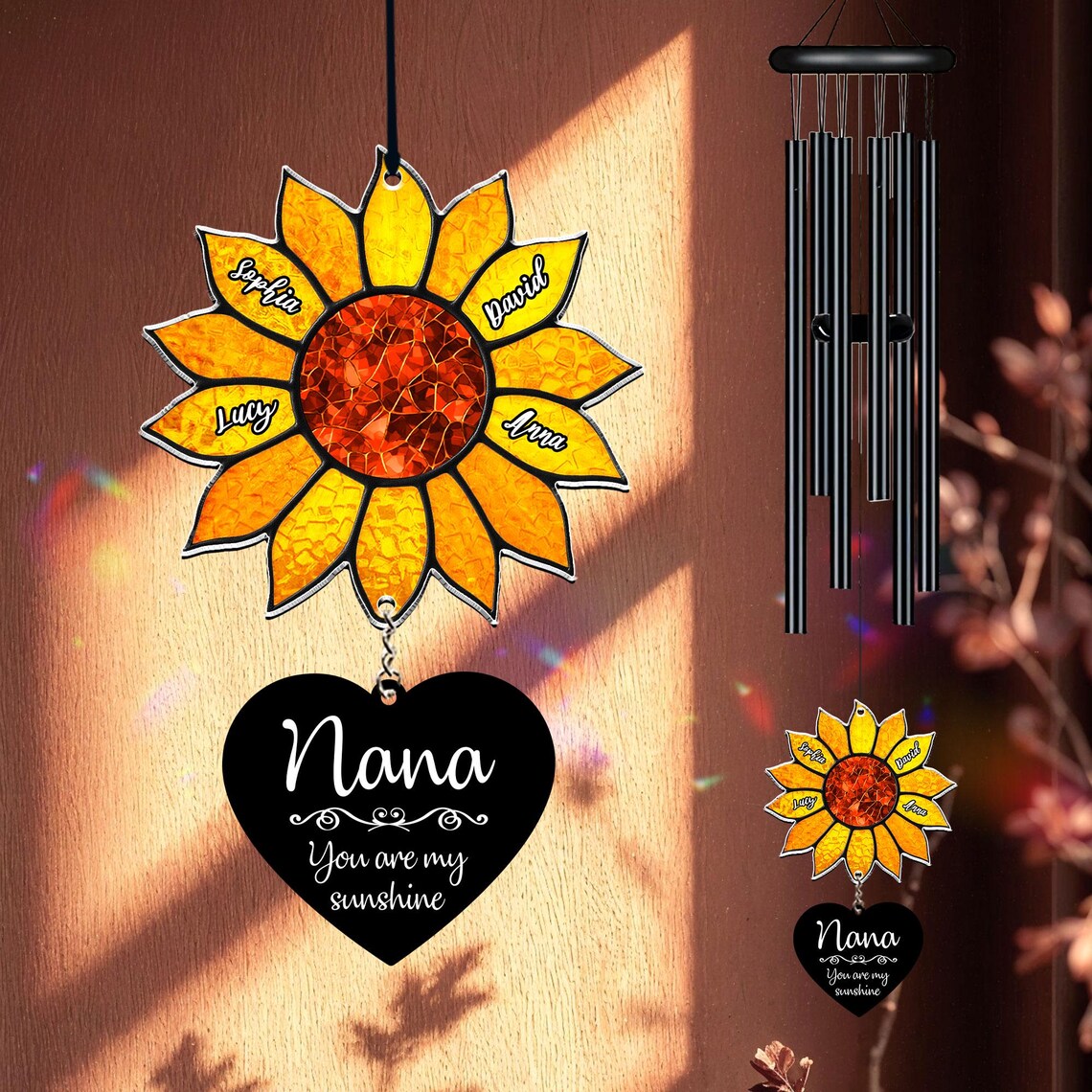 Personalized Sunflower Wind Chime, Custom Grandkids Names, Nana Gift