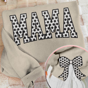 MAMA Soccer Coquette Side Bow Sweatshirt, Retro Trendy Coquete Lover Sweater, Bow Applique Pink Girl Gifts