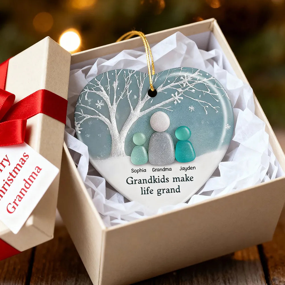 2D Sea Glass Effect Grandma & Grandkids - Personalized Ceramic Ornament - Christmas Gift For Grandchildren, Grandma