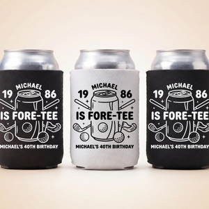 Fore-Tee Birthday Can Cooler, Golf Birthday Party Favors, Personalized Drink Sleeves