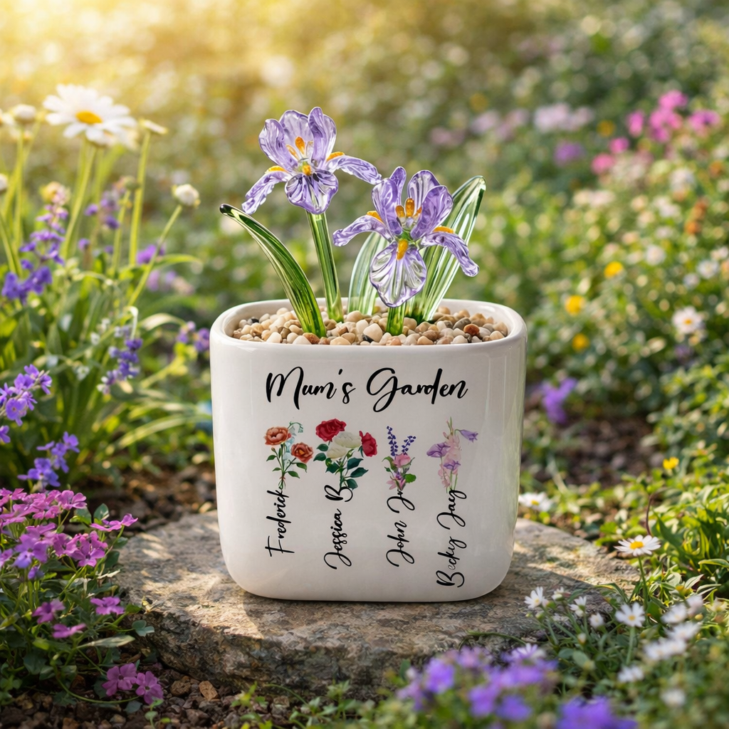 Personalized Birth Flower Plant Pot, Mum's Garden Gift, Custom Lily Rose Glass Flower for Mom, Mothers Day Gift, Family Flower Planter