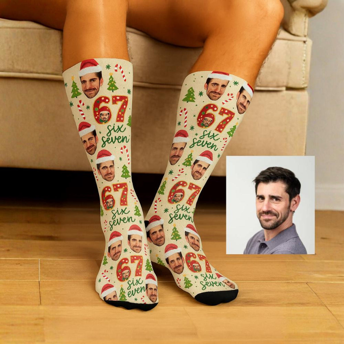 Customized Face Christmas Socks with Number 67, Funny Personalized Holiday Gift, Add Photo, Name, Santa Hat, Unique Xmas Sock
